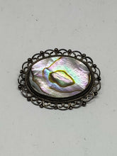 Vintage Sterling Silver Mexico Abalone Shell Filigree Oval Brooch Crown Mark