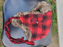 American Eagle Outfitters Red Plaid Fabric Faux Fur Trapper Hat
