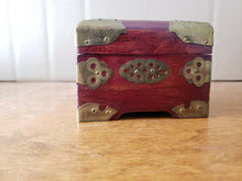 Vintage Chinese Cherry Wood Enamel Flower Motif Jewelry Box w/ Brass Hardware