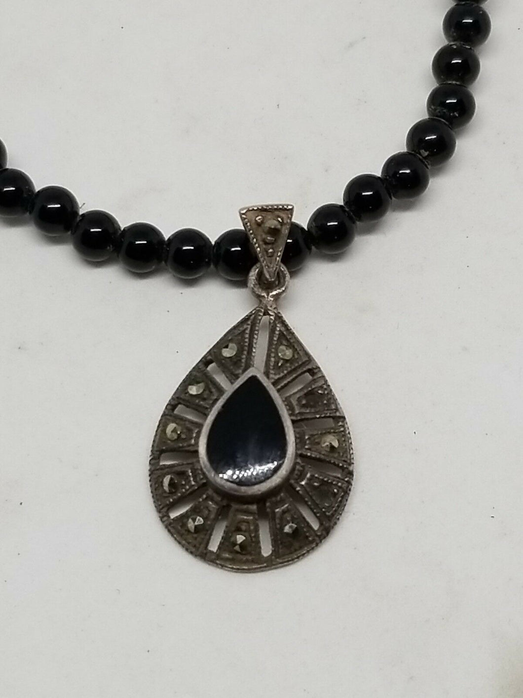 Vintage Sterling Silver Teardrop Black Onyx and Marcasite Necklace