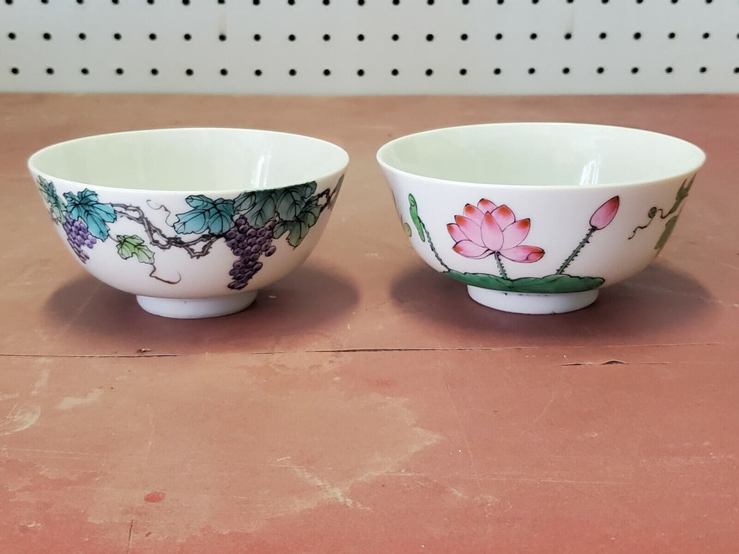 Vintage Pair Of Chinese Hand Painted Flower Rice Bowls Decorated In Hong Kong