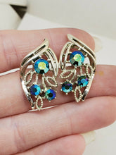 Vintage Coro Blue Aurora Borealis Rhinestone Flower Leaf Clip On Earrings