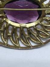 Vintage Large Gold Tone Leaf Purple Rhinestone Oval Brooch