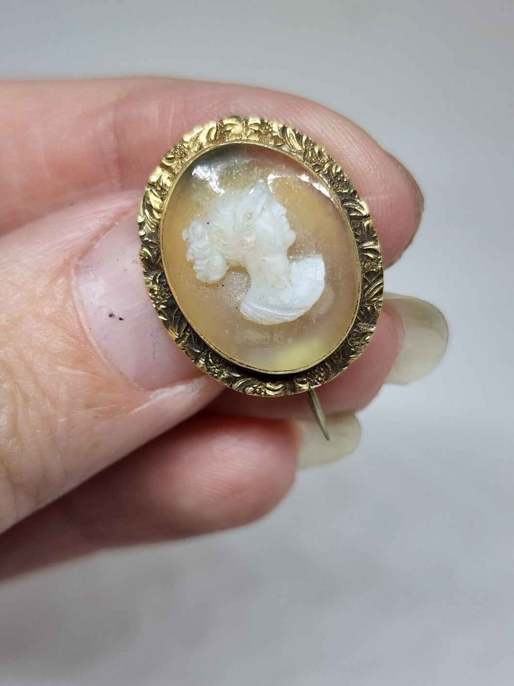 Antique 19th Century Victorian 18k Gold Carved Shell Cameo Brooch Sterling Hinge