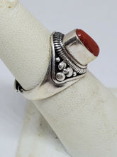 Sterling Silver Handmade Oval Red Coral Twist Wire And Ball Bead Adjustable Ring