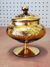 Vtg Czech Bohemian Amber Gold Gilt Art Glass Enamel Flowers Pedestal Candy Dish