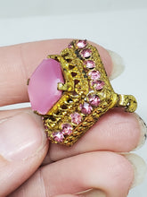 Vintage Czech Gold Tone Pink Satin Glass & Pink Rhinestone Diamond Shaped Brooch
