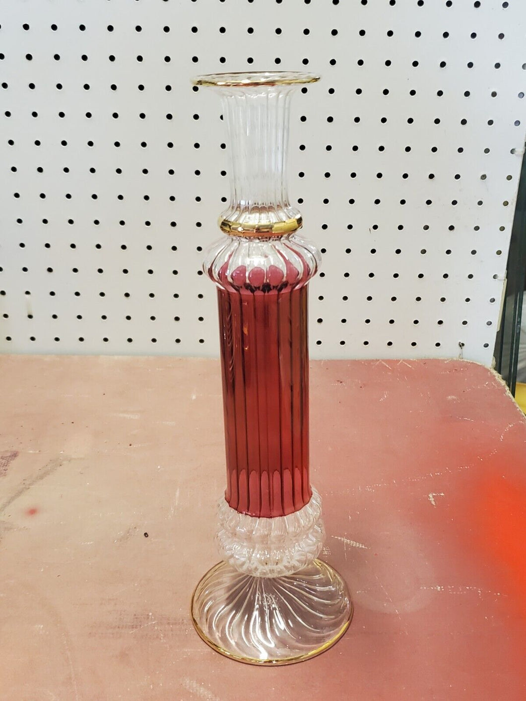 Vintage Ruby Red Bohemian Crystal Tall Pillar Vase Gold Trim