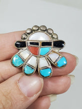 Vintage EMZ Zuni Sterling Silver Sunface Inlay Brooch Turquoise MOP Onyx
