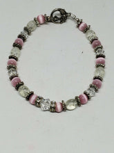 Sterling Silver Clear Crystal Pink Cats Eye Beaded Bracelet