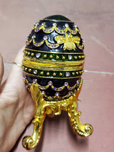 Vtg Bijou Gold Tone Enamel Rhinestone Studded Decorative Egg Music Jewelry Box