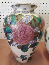 Vtg Chinese Lusterware Rose Stained Glass Style Hand Painted Large Pair Of Vases