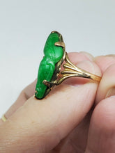 Antique Art Deco WJC 10k Carved Abstract Green Jade Ring Size 8.5