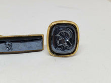 Vintage Gold Tone Hematite Carved Intaglio Roman Soldier Cufflinks and Tie Clip
