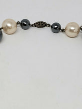 Vintage Sterling Silver Blue and White Faux Pearl Necklace with Rhinestone Beads