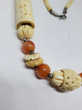 Vintage Carved Bovine Bone And Carnelian Chunky Bead Necklace 26.75"