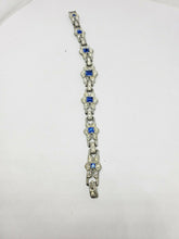 Vintage Art Deco Floral Blue & Clear Paste Rhinestone Pot Metal Bracelet 7.5"
