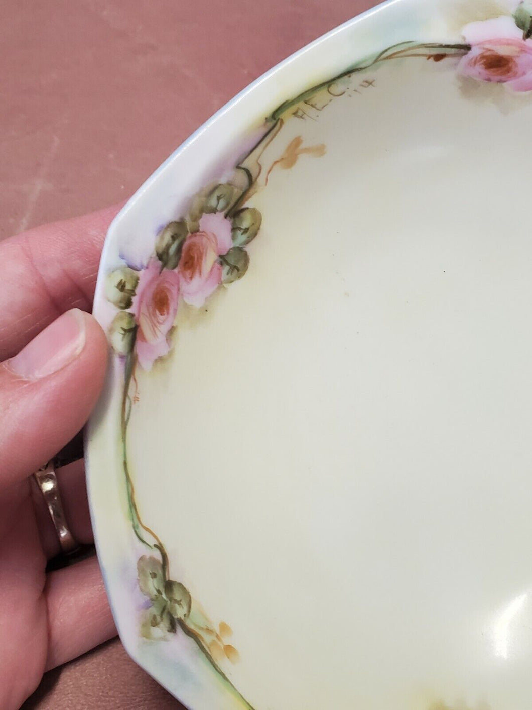 Vintage MZ Austria Pink Flowers and Gold Trim Tray 