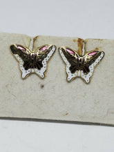 Vintage Gold Tone Cloisonne Enamel Butterfly Stud Earrings