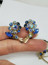 Vintage Blue Rhinestone Flower AB Aurora Borealis Brooch And Clip Earrings