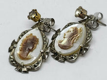 Antique Victorian 900 Silver Carved Mother Of Pearl Cameo Marcasite Earrings