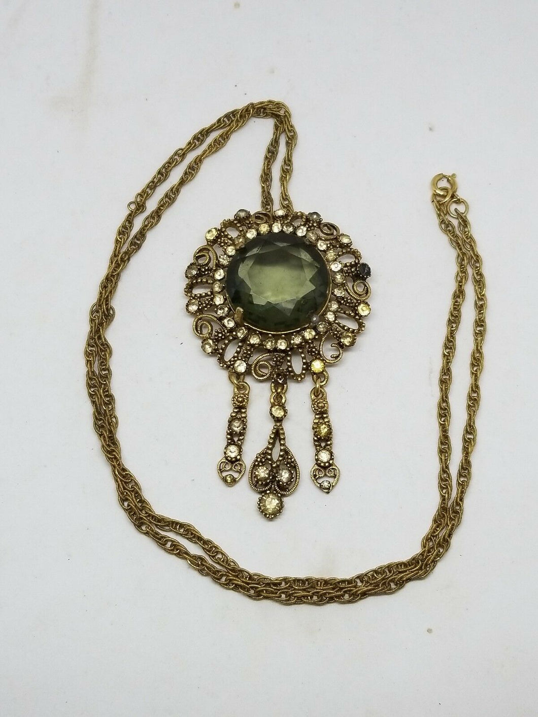 Vintage Designer Signed Kramer of New York Green Crystal Tassel Necklace 26