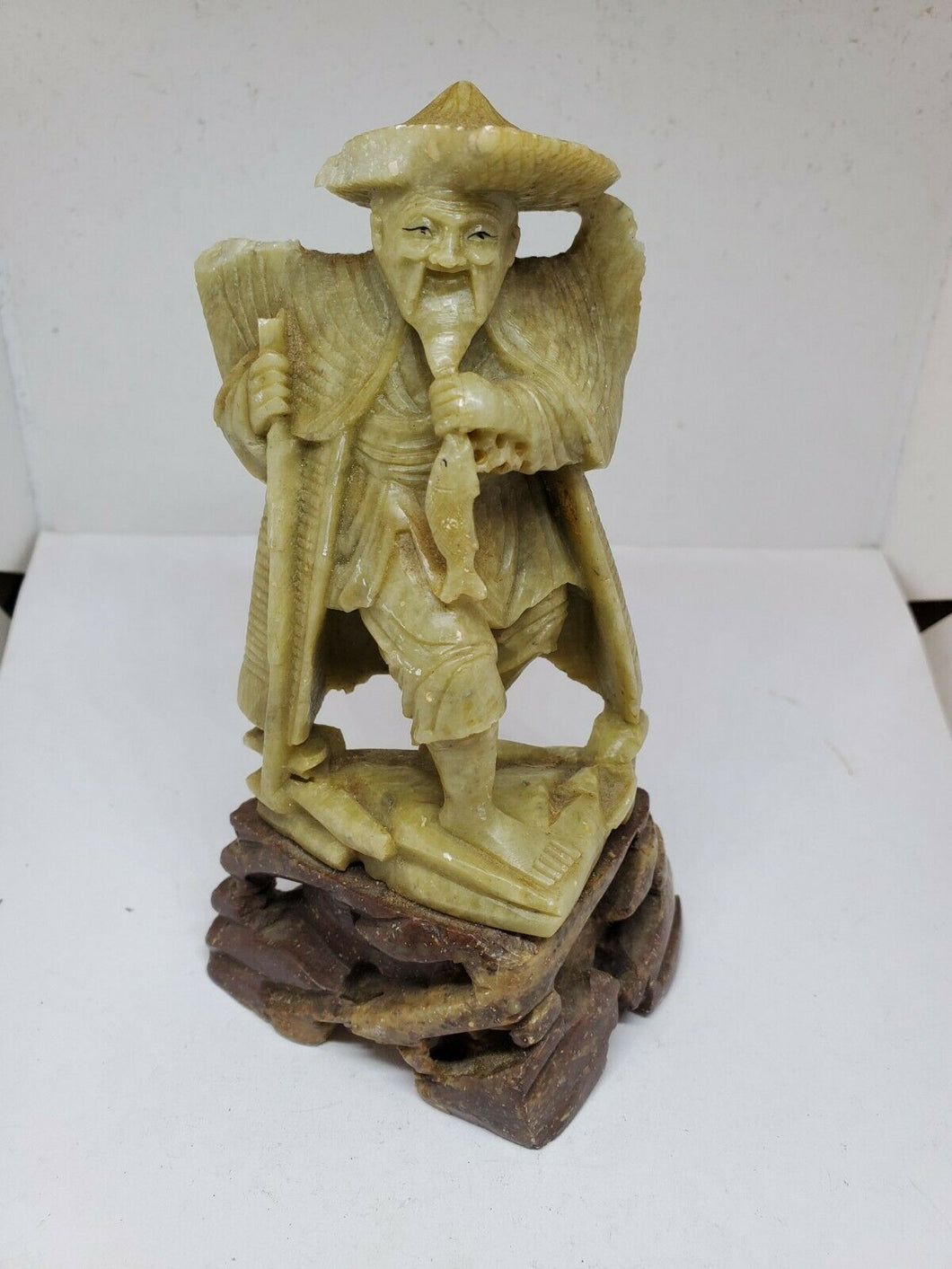 Vintage Chinese Hand Carved Jade Soapstone Sculpture Of A Fisherman
