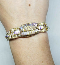 Vintage Art Deco Designer AB Crystal Baguette Rhinestone Hinged Cuff Bracelet