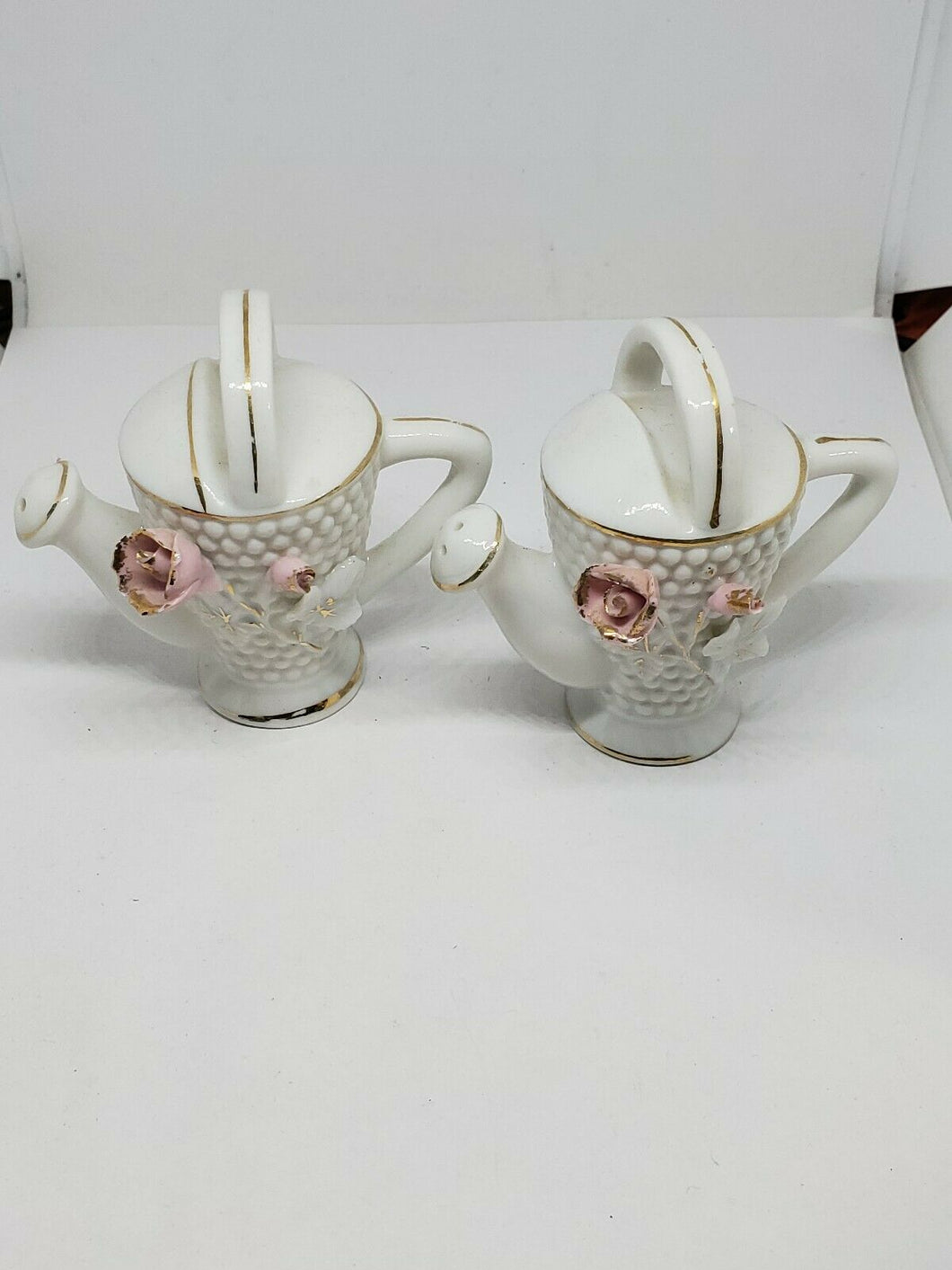 Vintage Japan Pair of White Hobnail Rose Watering Can Salt and Pepper Shaker