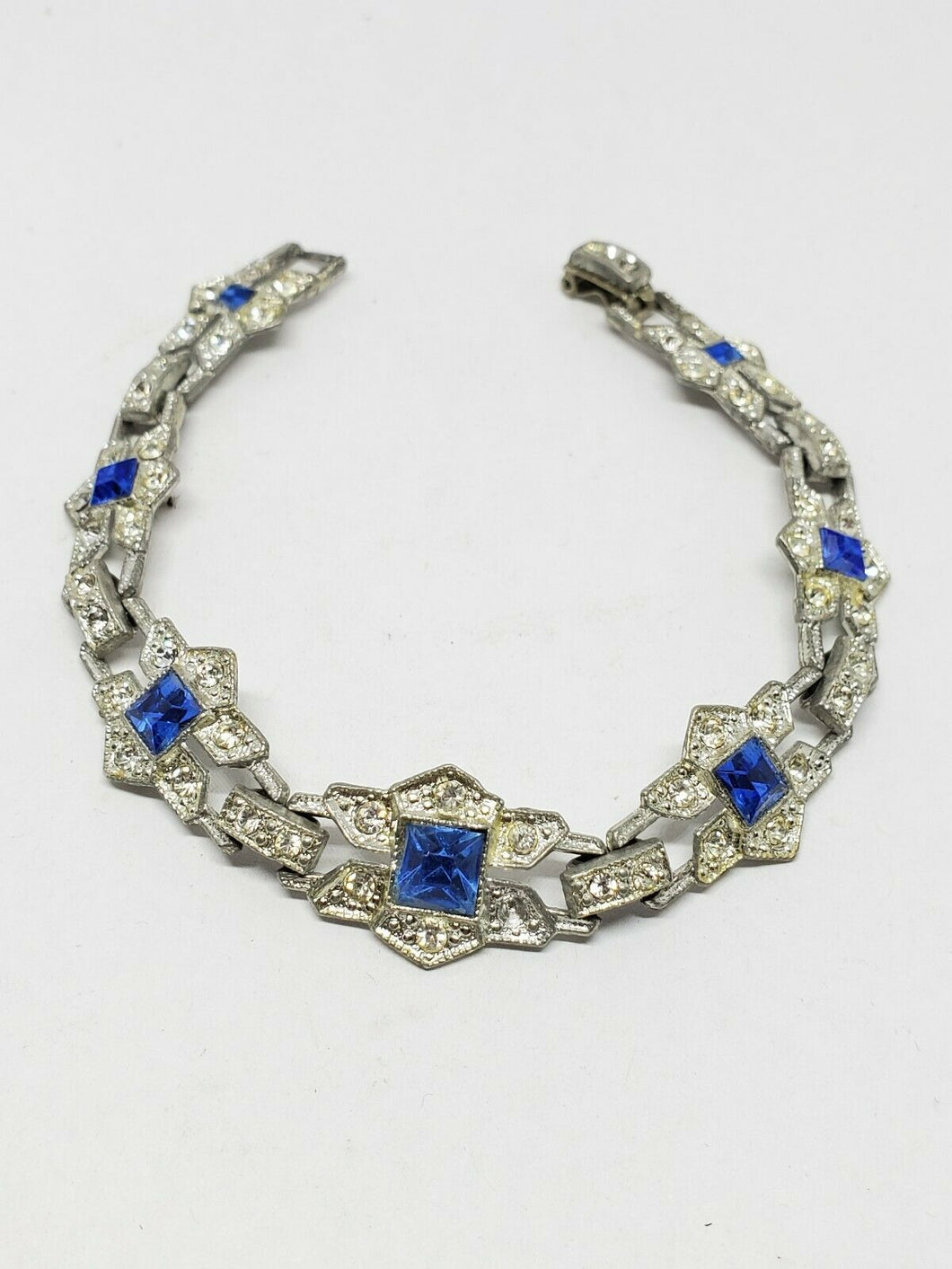 Vintage Art Deco Floral Blue & Clear Paste Rhinestone Pot Metal Bracelet 7.5