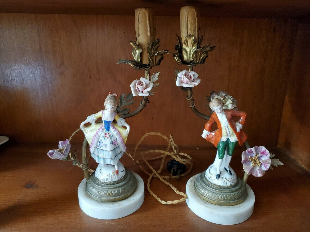 Antique French Porcelain Figural Man and Woman Brass Candle Votive Boudoir Lamps