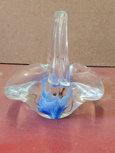 Clear Crystal Flower Basket Paperweight With Blue Flower