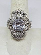 Sterling Silver Cushion Cut Cubic Zirconia Filigree CZ Studded Cocktail Ring