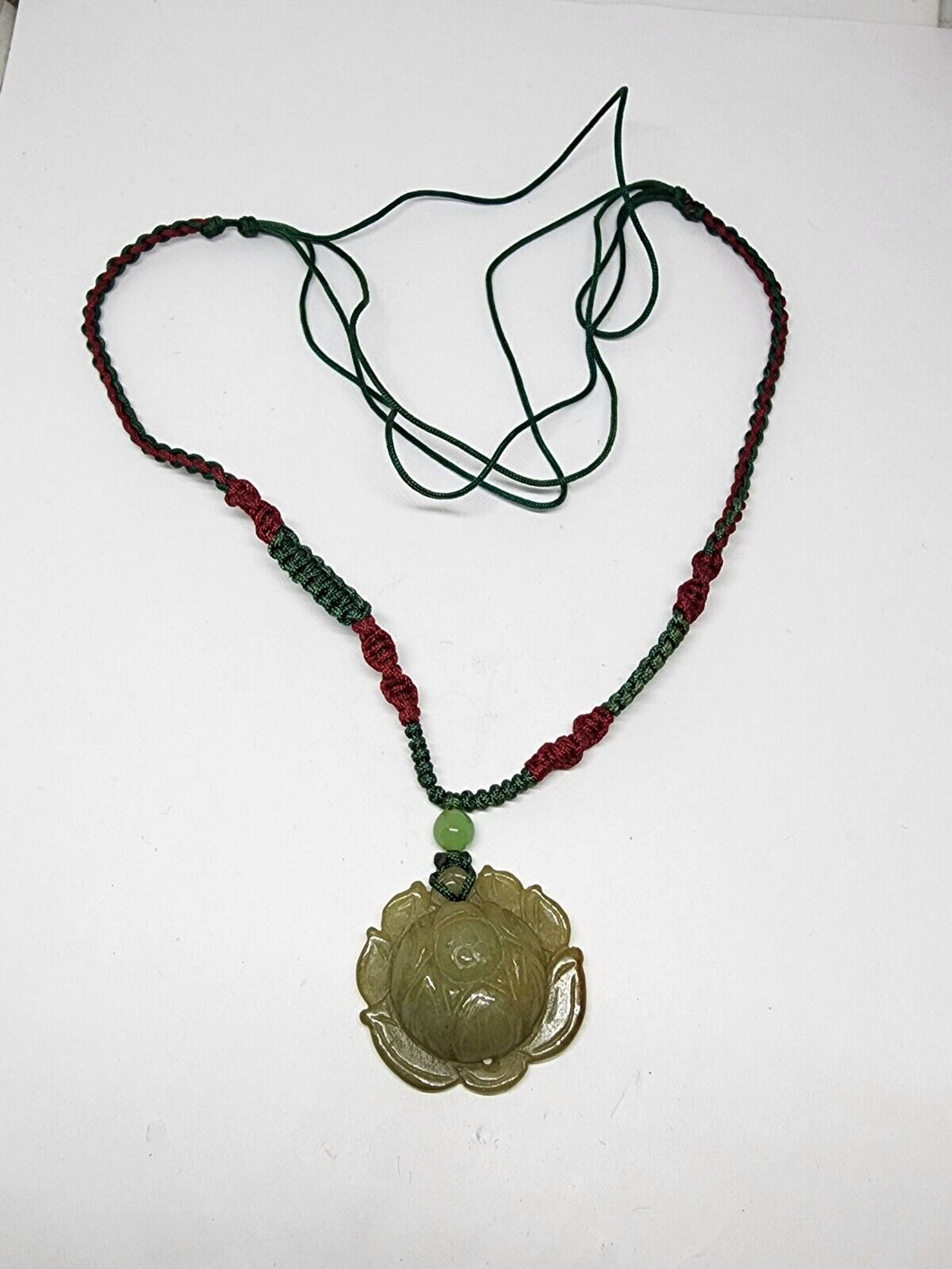 Vintage Hand Carved Lotus Green & Brown Jade Flower Necklace Hand Woven Chain