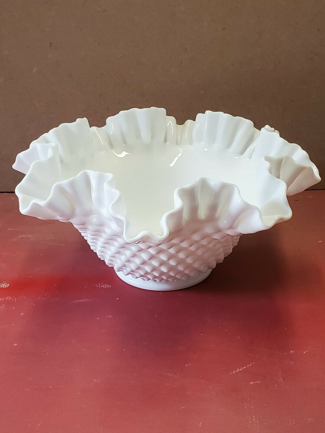 Vintage Fenton White Milk Glass Hobnail Ruffled Tall Flower Style Bowl