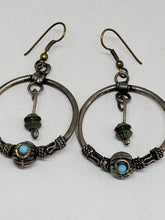 Vintage Sterling Silver Navajo Turquoise Swirl Design Hoop Dangle Earrings