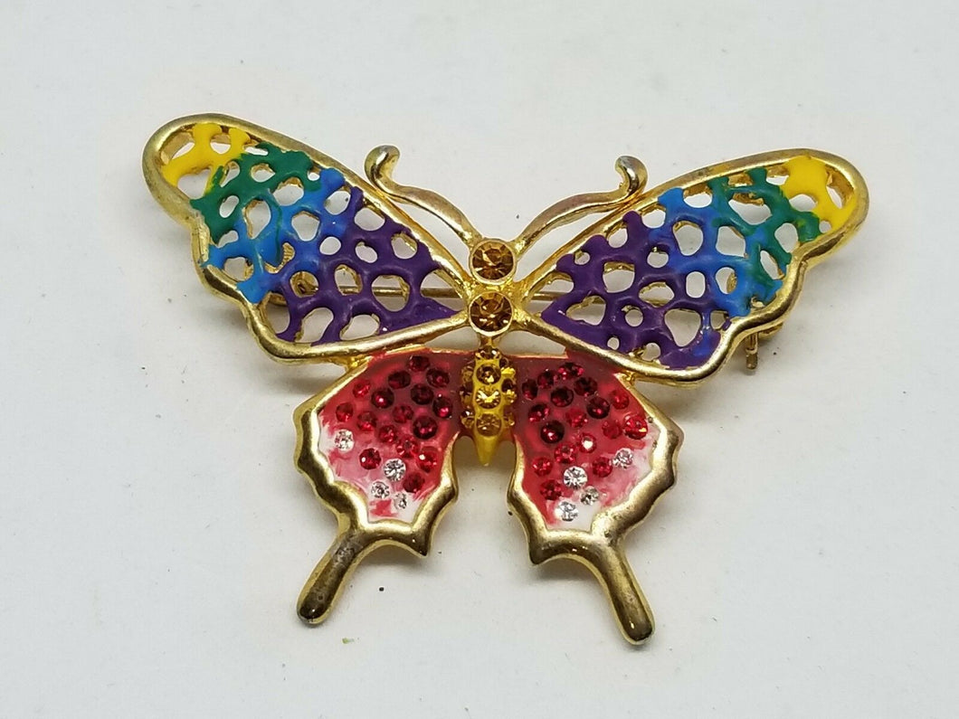Vintage Goldtone Crystal Rainbow Butterfly Brooch