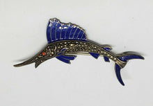 Antique Sterling Silver Uncas Cobalt Blue Enamel & Marcasite Fish/Marlin Brooch