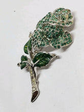 Vintage Silver Tone Rhodium Plated Green and Clear Rhinestone Rose Enamel Brooch