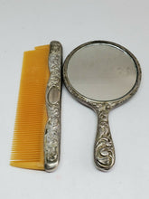 Vintage 40's - 50's Silver Tone Vanity Dresser Set Mirror And Butterscotch Comb