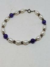 Vintage Sterling Silver Purple Jade Freshwater Oval Pearl Silver Bead Bracelet