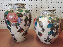 Vtg Chinese Lusterware Rose Stained Glass Style Hand Painted Large Pair Of Vases