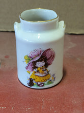 Vtg White Porcelain Toothpick Holder Little Girl Big Pink Bonnet Cat Gold Trim