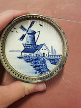 Vintage Delft Germany Porcelain & Metal Round Coaster Blue Hand Painted Windmill