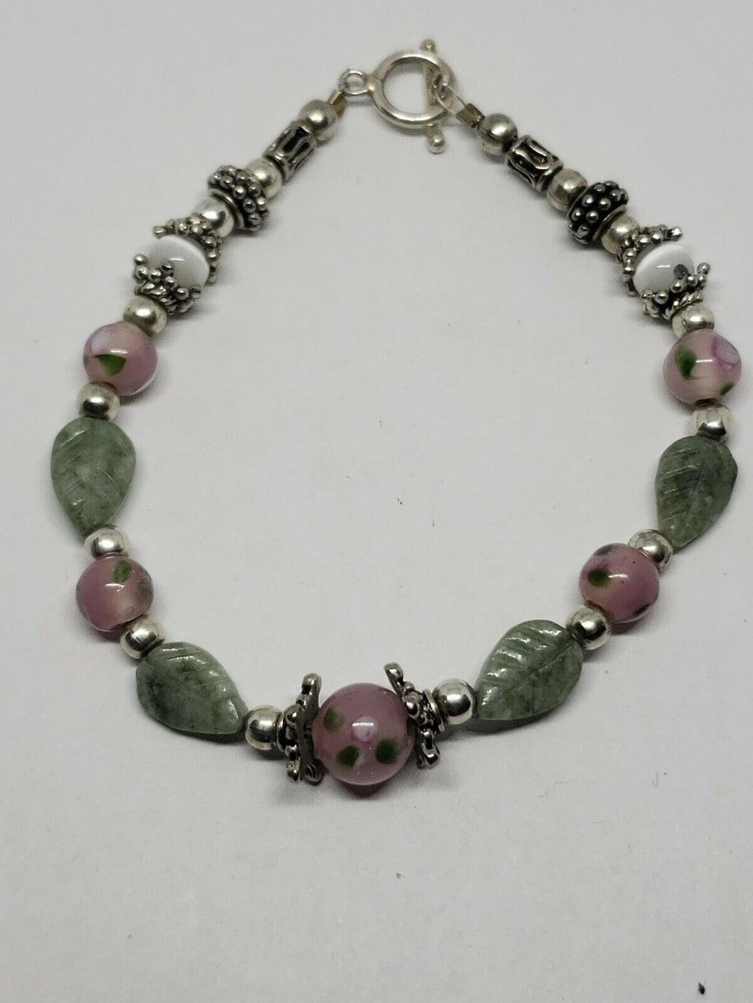 Sterling Silver Pink Murano Glass Jade Leaf And White Cat's Eye Bracelet