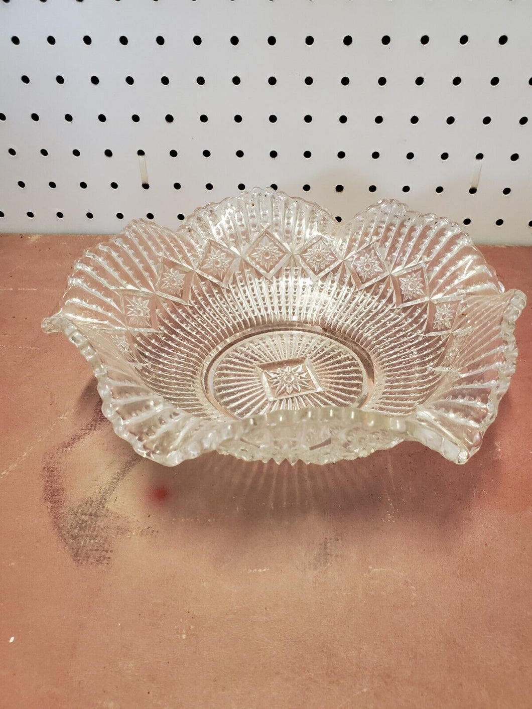 Vintage Clear Cut Glass Ruffled Starburst Pattern Scalloped Serving Bowl 9 1/2