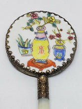 Vintage Jade Handled Hand Painted Flower Pots Enameled Silver Tone Hand Mirror
