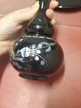 Vtg Black Lacquered Flower Abalone Mother Of Pearl Sake Set Decanter Cups Tray