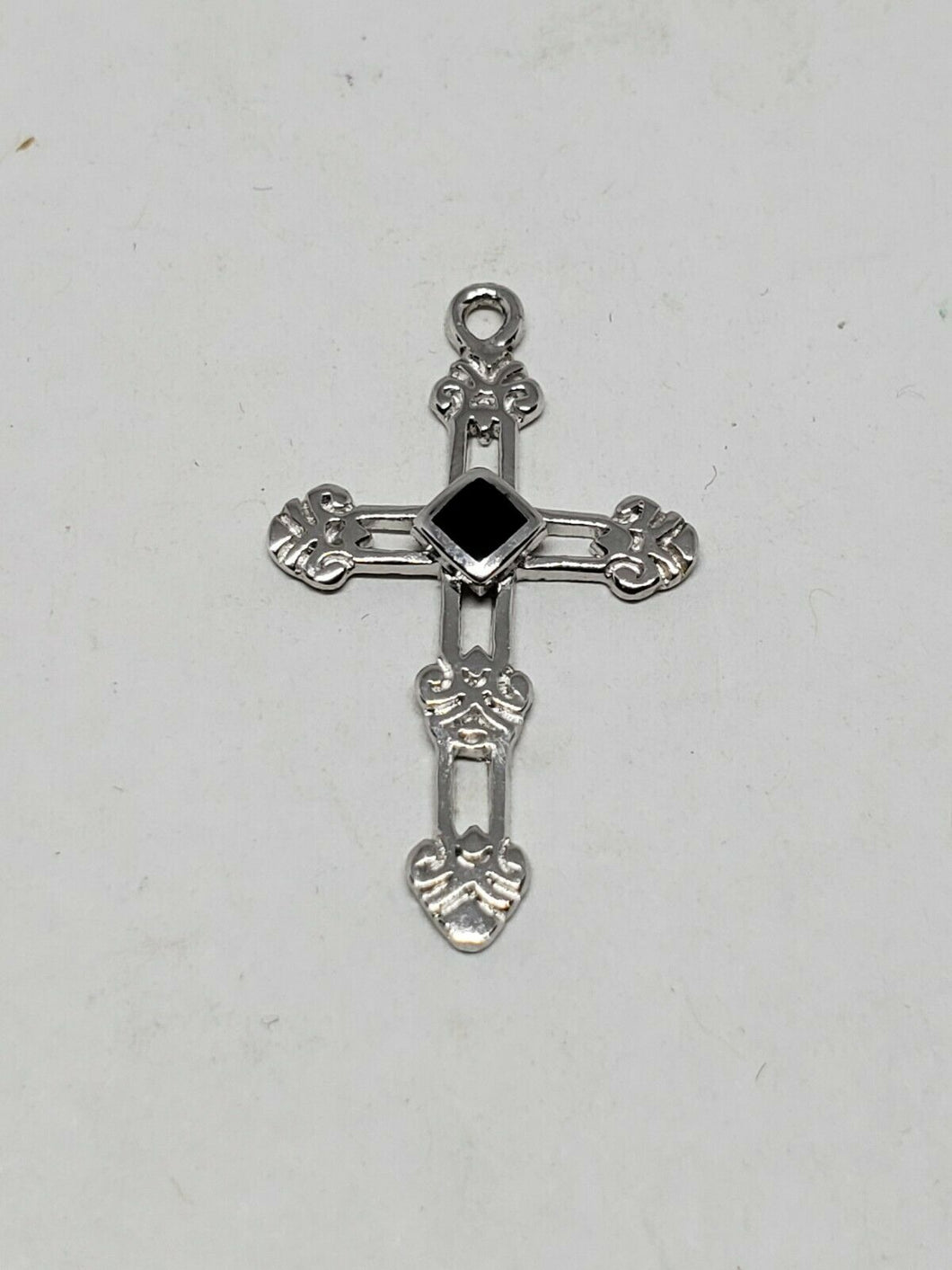 Rhodium Sterling Silver Black Onyx Black Enamel Filigree Cross Pendant/Charm