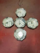 Antique RS Prussia Lusterware White Flowers Green Scalloped Gold Fruit Bowls